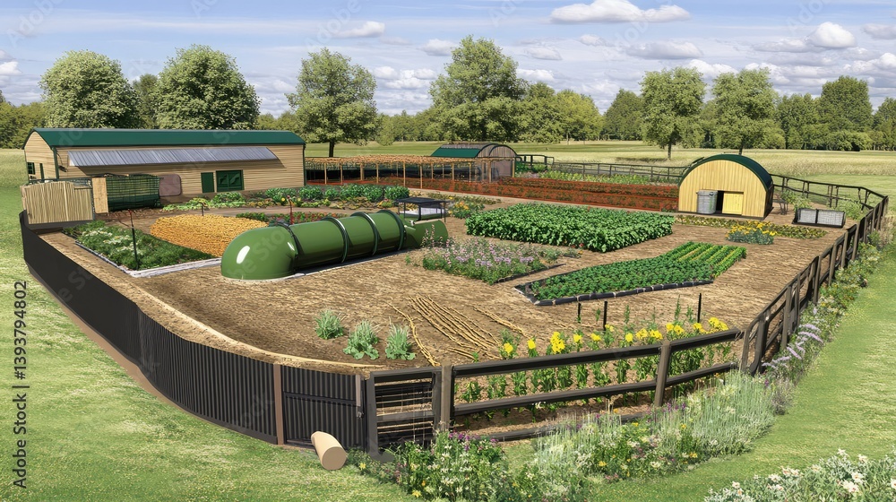 Poster circular farming system with waste recycling and resource conservation, creating a closed-loop agroe