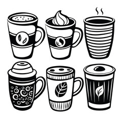 Hand-Drawn Coffee Cup Doodle Set – 6 Unique Black and White Illustrations