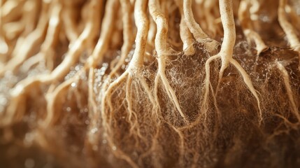 Close-up of roots suspended in nutrient solution under a hydroponic system, showing healthy white root growth with space for text