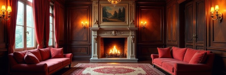 Grand fireplace, ornate molding, plush seating, room, armchair