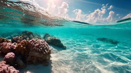 Obraz premium Stunning Underwater Coral Reef Scene Vibrant Turquoise Water Tropical Ocean Summer Sunny Day Beautiful Nature Paradise Beach Seascape Exotic Island 