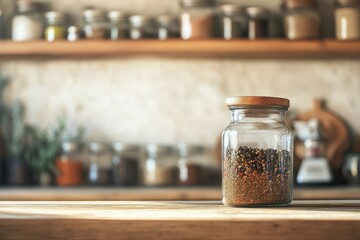 A glass jar filled with various kitchen spices in a kitchen