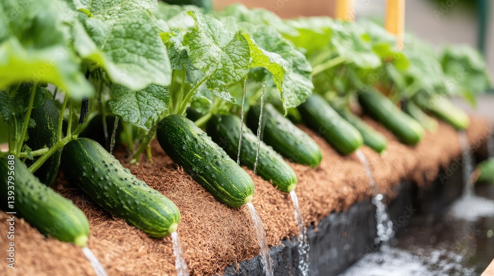 Poster drip irrigation system watering soilless cucumbers in coco coir substrate, high-efficiency setup wit