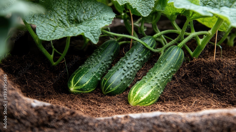 Poster drip irrigation system watering soilless cucumbers in coco coir substrate, high-efficiency setup wit
