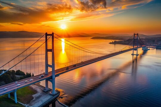 Aerial Silhouette of Osman Gazi Bridge at Sunset, Izmit Bay, Turkey