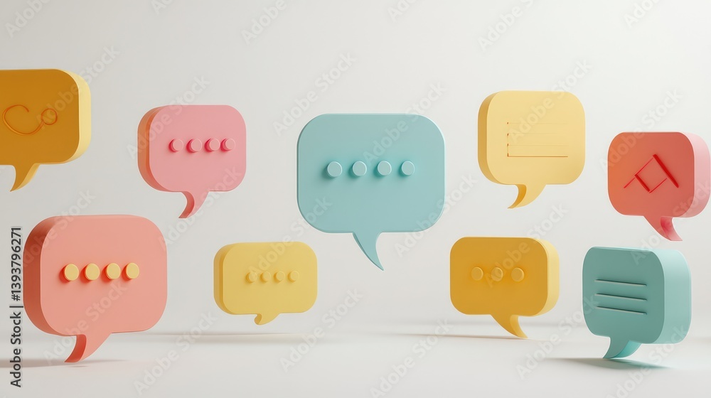 Poster floating chat bubbles on white minimalist background with faint shadows and generous copy space for 