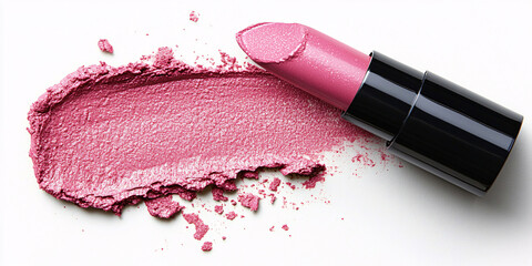 Close-up of pink lipstick swatch and tube on white.