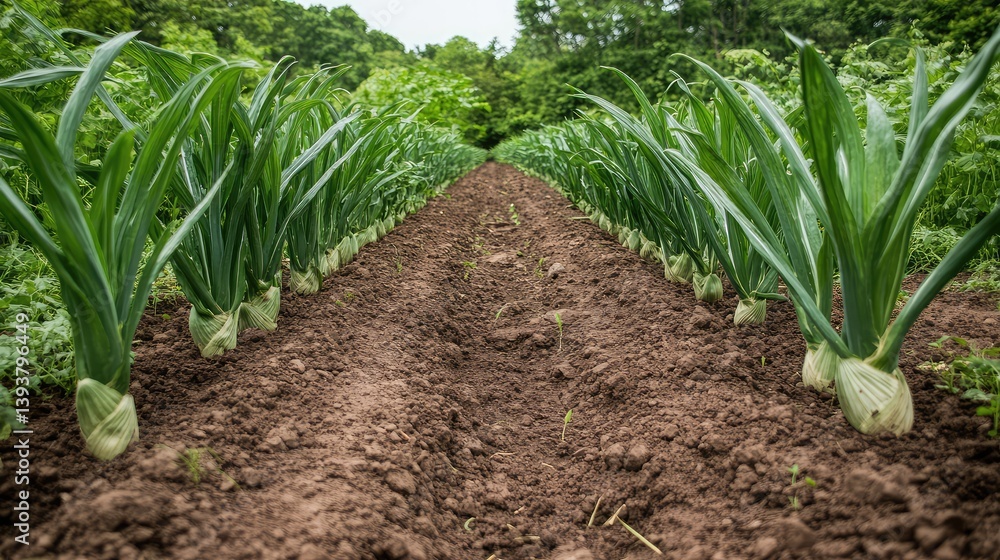 Poster green field of sustainable farming under rotation practice with visible boundaries between crops and