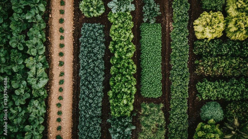 Poster green field of sustainable farming under rotation practice with visible boundaries between crops and