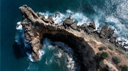  雄大な崖と打ち寄せる波、紺碧の海の絶景空撮　Majestic Cliff and Crashing Waves, Breathtaking Aerial View of the Deep Blue Ocean