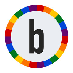 Bold Lowercase Letter b in Center of Colorful Circular Rainbow Border on Light Gray Background.