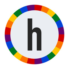Bold Lowercase Letter h in Center of Colorful Circular Rainbow Border on Light Gray Background.