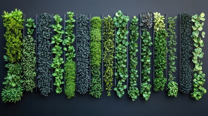 Modular hydroponic wall system with herbs growing in small cells, compact urban agriculture concept with copy space