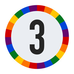 Bold Number 3 in Center of Colorful Circular Rainbow Border on Light Gray Background.