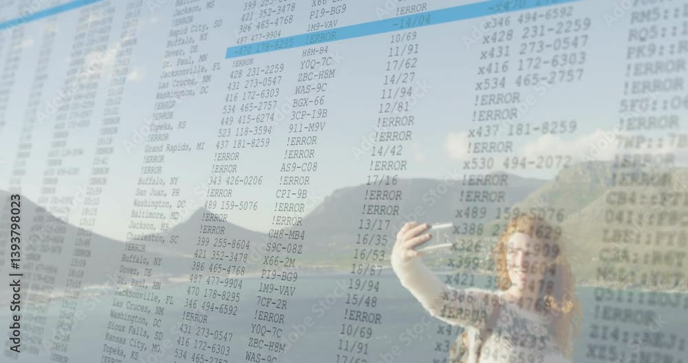 Poster taking selfie with animation of data and error messages by scenic landscape