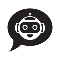 AI Chatbot Icon Vector. Artificial Intelligence Robot with Speech Bubble. Customer Support Bot Symbol for Messaging, Automation, and Virtual Assistance. Black Silhouette Tech Design