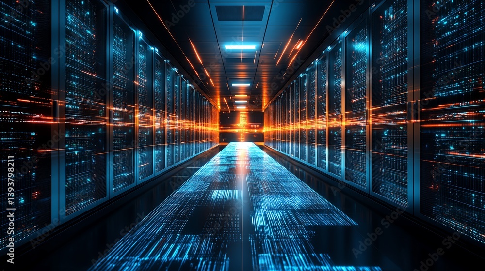 Poster modern big data center with high-speed server storage and digital light abstraction, minimalist it m