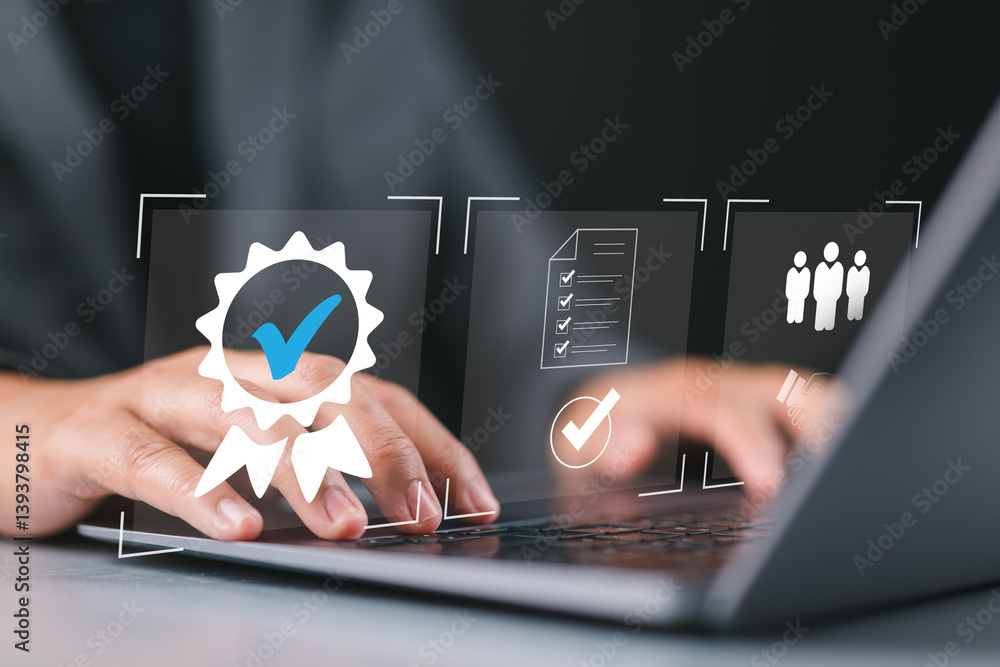 Aufkleber businessman using laptop with quality assurance and document icon for iso or international standard 