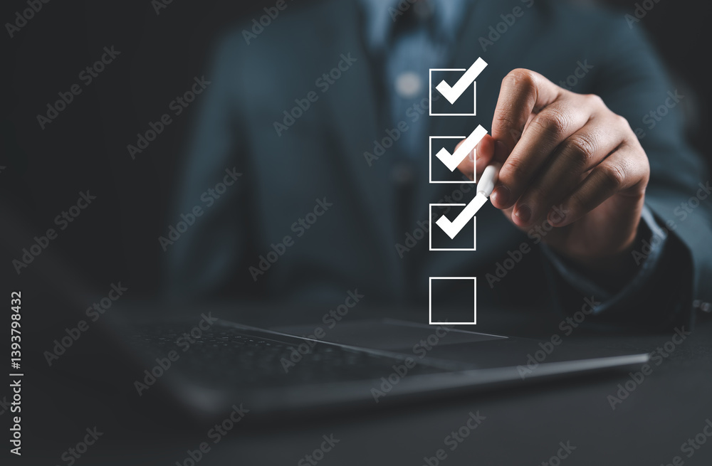 Poster Businessman use pen to tick correct sign mark in checkbox for quality document control checklist and business approve project concept.