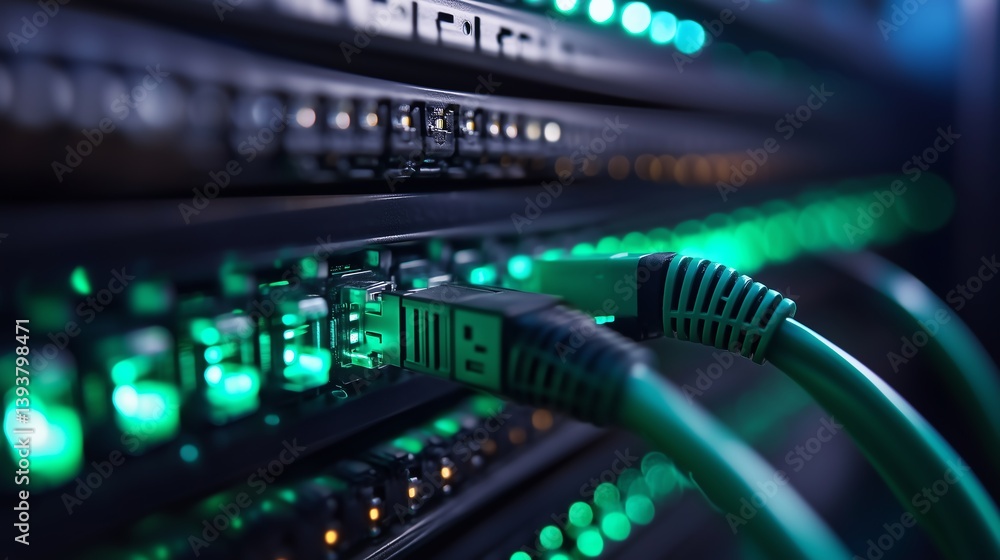 Aufkleber green network internet cables connected to a black switch router in a data center, minimalistic and 
