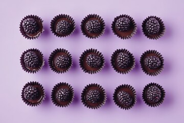 Chocolate treats with fresh blackberries arranged neatly on a surface