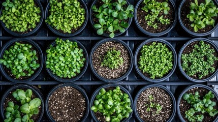 Organic seeds sprouting in biodegradable pots ready for transplanting, bright growing environment and copy space
