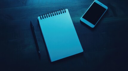 Overhead view of dark desk with digital notepad, stylus, and phone glowing, leaving room for copy space in the frame