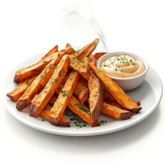 A realistic 3D food collection showcasing a plate of crispy sweet potato fries with a side of spicy aioli, 