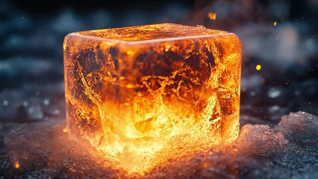 Burning Ice Cube: A captivating image of a square ice cube ablaze with fiery intensity, set against a snowy backdrop, symbolizing contrasting elements and dynamic forces.