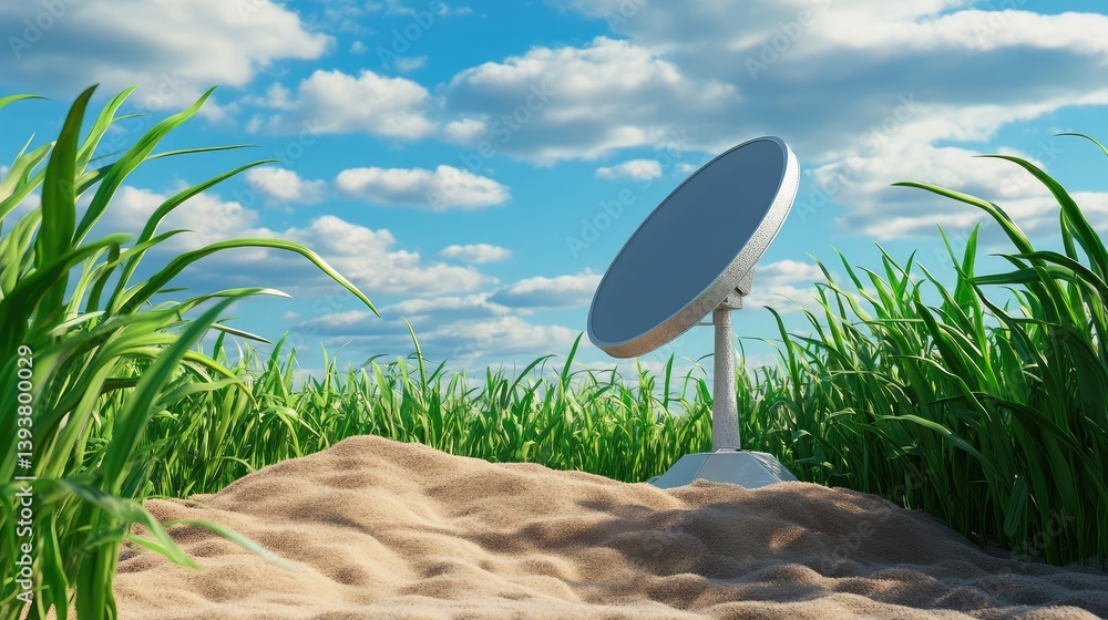 Poster satellite monitoring station for smart farming placed on edge of field, data collection concept with