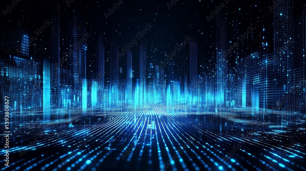 Poster futuristic digital cityscape with glowing data streams and technological advancement