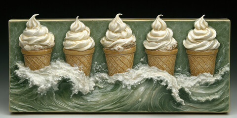 Five Embossed Ice Cream Cones on Green Sea with White Water Waves