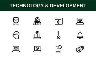 Modern Technology and Development Icon Set Vector Illustration. Featuring Essential Symbols for Coding, Apps, and Digital Innovations