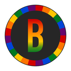 LGBTQ Rainbow Gradient Capital Letter “B” Icon - Bold Letter B with Vibrant Rainbow Gradient on Black Background, enclosed in a black frame.