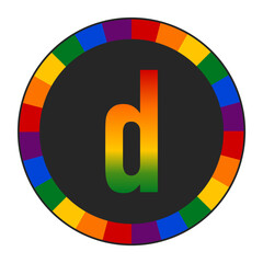 LGBTQ Rainbow Gradient Lowercase Letter “d” Icon - Bold Letter d with Vibrant Rainbow Gradient on Black Background, Pride and Inclusivity, enclosed in a black frame.