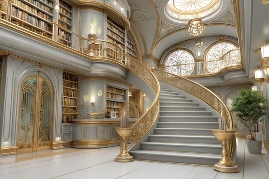 A magical library in a fantasy realm with floating books, glowing runes, and ancient scrolls