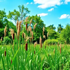 Tall cattails gently swaying in a breeze amongst lush green vegetation and trees, water, flora, habitat