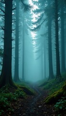 Naklejka premium Mist-shrouded fir trees in a mystical, overgrown forest with fallen branches, decay, naturalism, retro