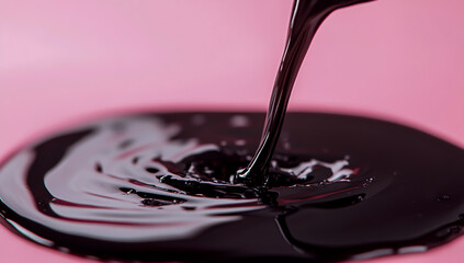 Ultra-realistic close-up of black oil pouring on a vibrant pink background, containing intricate details and glossy textures.