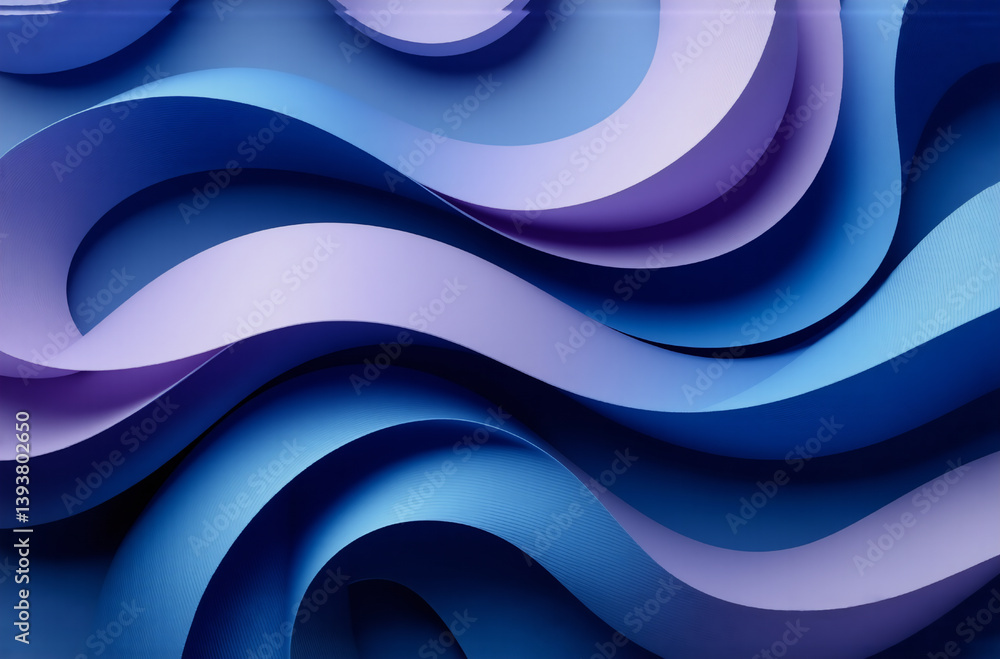 Poster abstract flowing shapes in shades of blue and purple create a layered, wavy design with depth and di