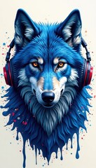 Abstract blue wolf portrait, headphones, dynamic paint splashes, wallpaper, art, splash art