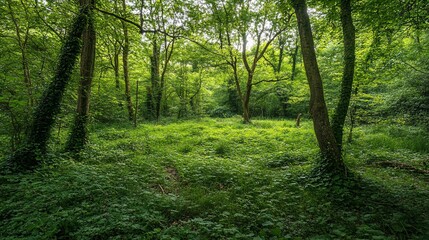 Fototapeta premium Lush green forest scene with dappled sunlight illuminating the undergrowth