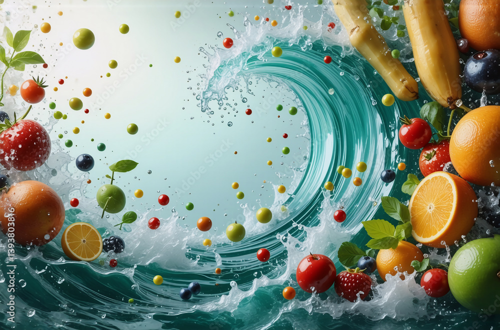 Poster fresh fruits and vegetables burst from a dynamic wave of water, creating a vibrant and refreshing sc