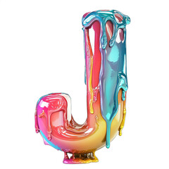 Colorful melting letter J sculpture with vibrant drips, set against a clean white background