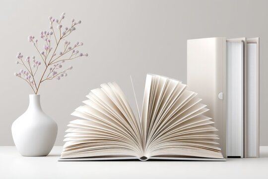A minimalist concept of a single open book on a clean desk with neutral background