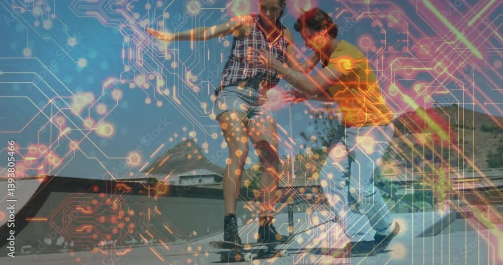 Poster practicing tricks, skateboarding duo with digital circuit overlay in background