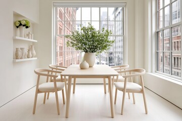 Fototapeta premium A minimalist dining area with four chairs, a simple table, and a plant centerpiece