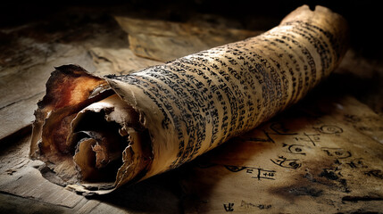 Ancient Biblical Scroll on Aged Parchment – Religious Scripture Scroll Vintage Texture.