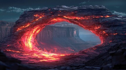 Fiery Volcanic Arch: A Breathtaking Night Landscape of Molten Rock and Majestic Canyon