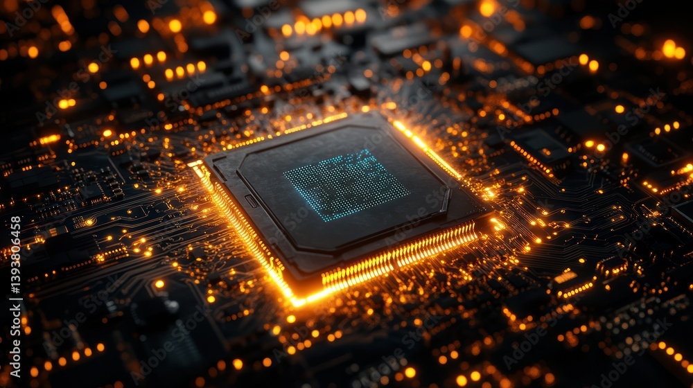 Poster illuminated circuit board: a close-up, captivating image of a cutting-edge circuit board bathed in a